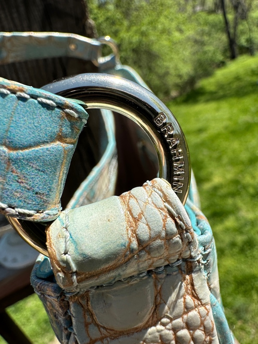 Brahmin Aqua and Gold/Cream Croc-Embossed Shoulder Bag EUC FLASH SALE! 1 day 5/5 - Picture 3 of 7